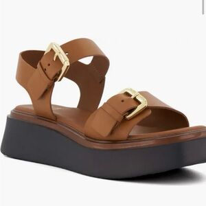 Dune London Tan Leather Sandals with Gold Buckles